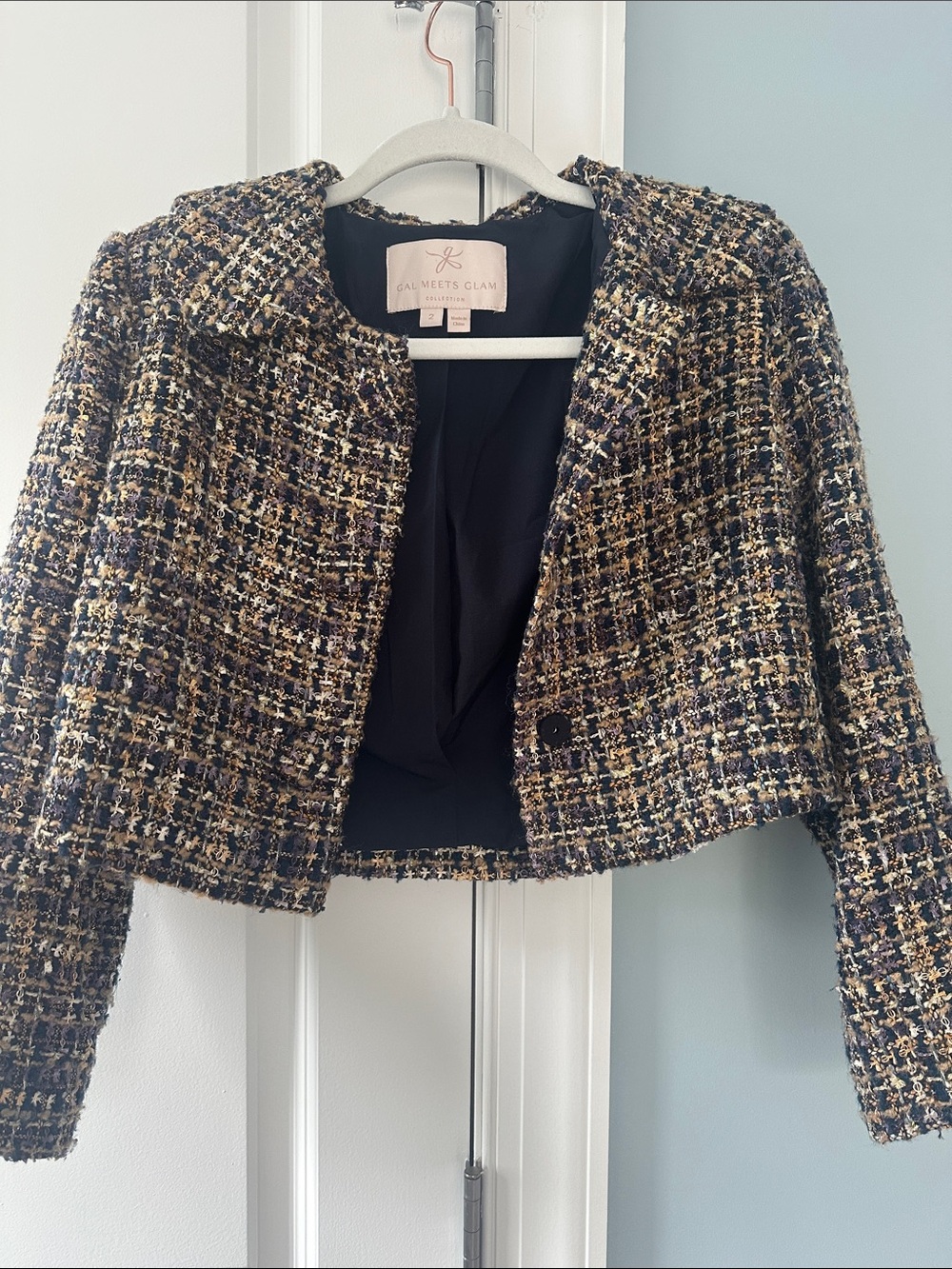 Gal Meets Glam Cropped Tweed Blazer in Blue, Tan, Cream size 2